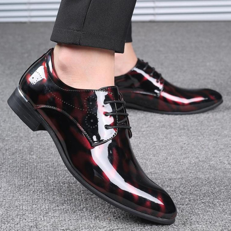 Men'S Grooming Oxford - Weinrote Lackleder-Spitzschuhe mit Schnürung, formelle Business-Oxfords
